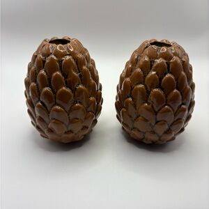 Pair of Ceramic Earthenware Pine Cone Taper Candle Holders Approx. 5 Inch